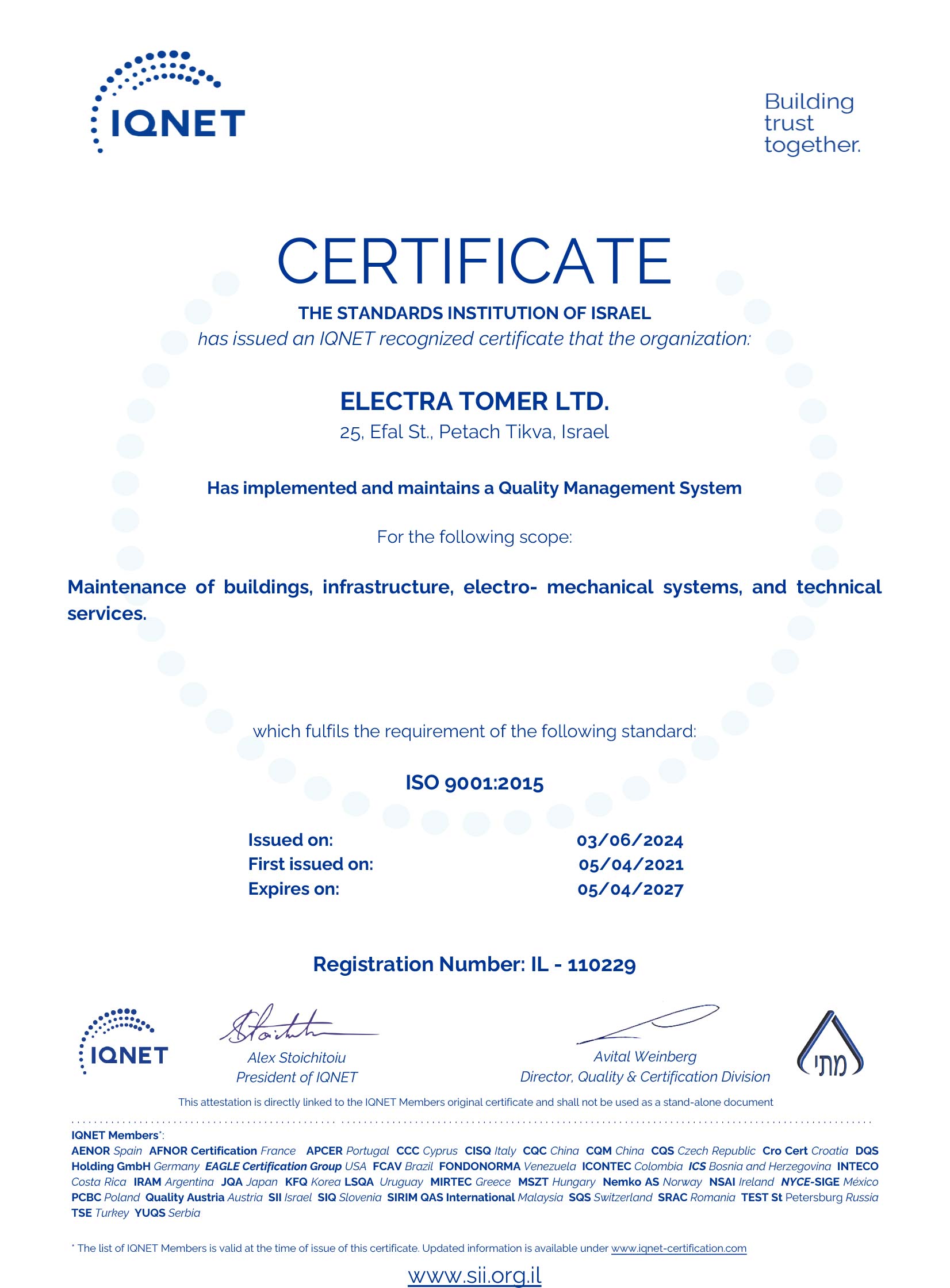 IQNET 9001:2015 Quality Management Certification