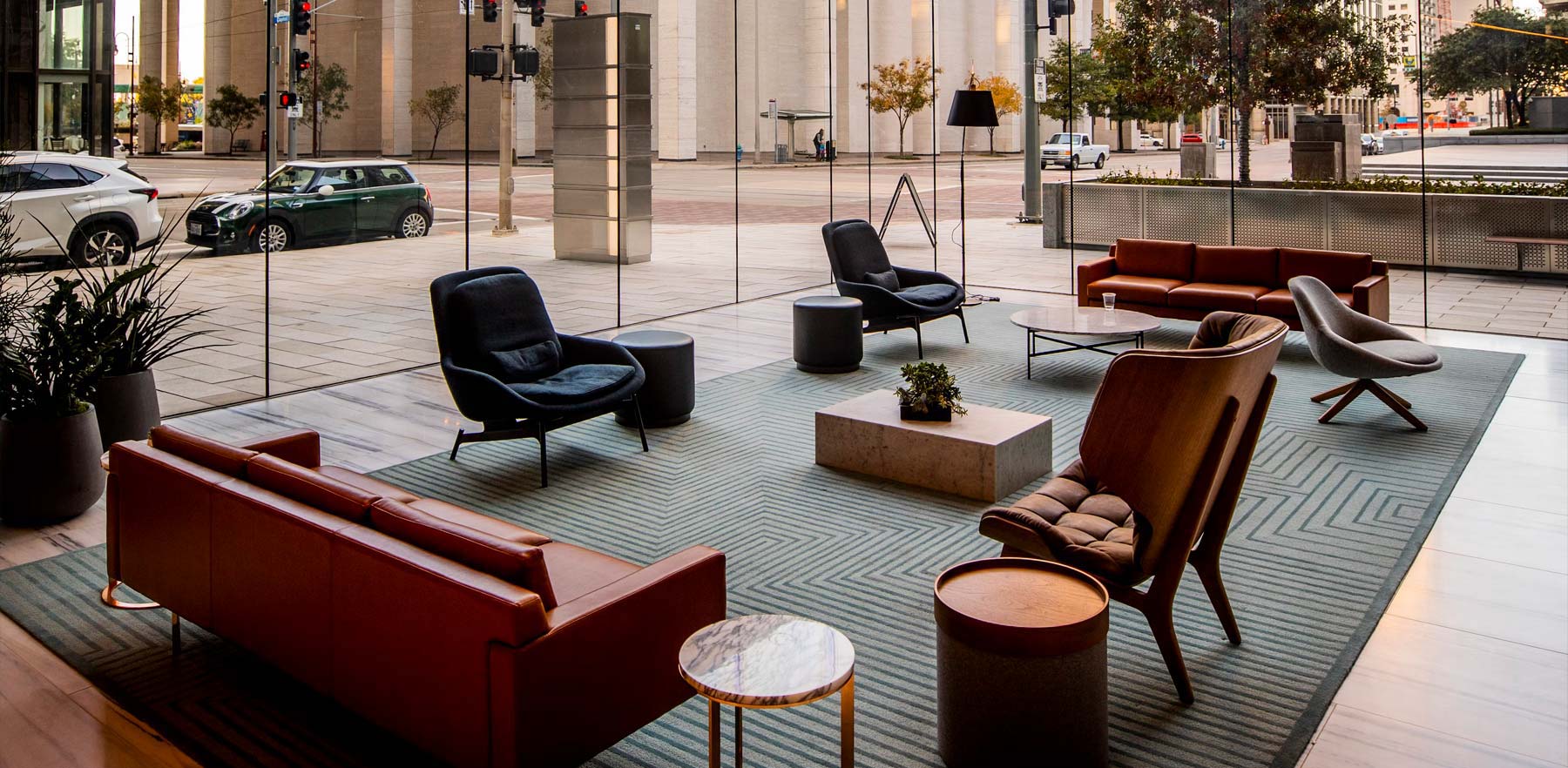 Luxury office lobby with sofas and chairs