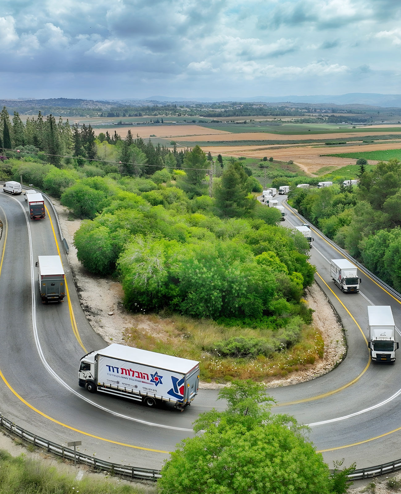 ARD Group moving trucks and vans traveling along winding roads through a green rural landscape.
